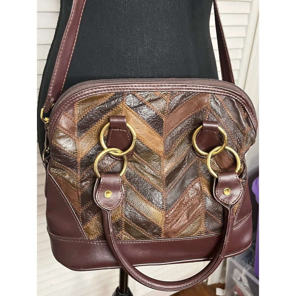 Vtg Carpetbags of America Purse Brown Leather Patchwork Hippie Boho Gypsie - Picture 5 of 6